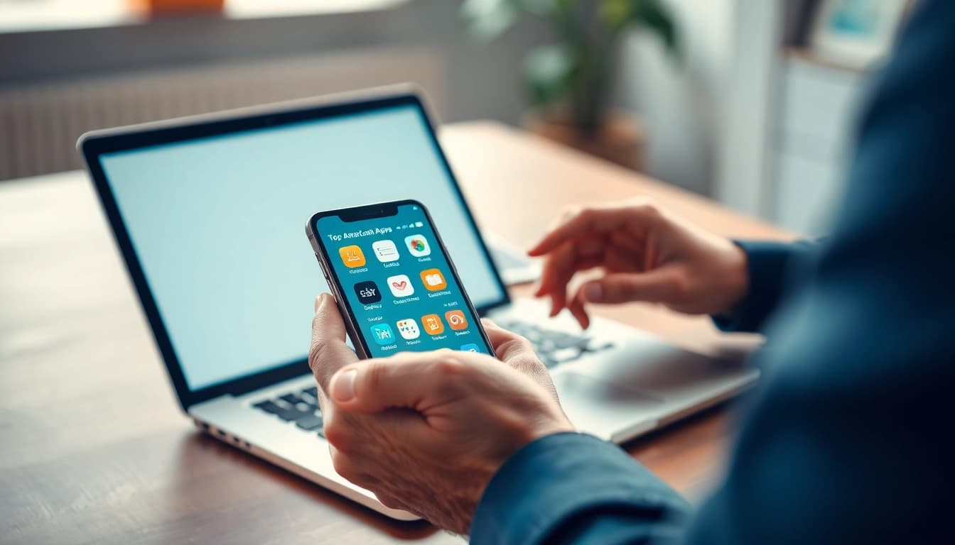 Check smartphone displaying various top american apps in a bright workspace.