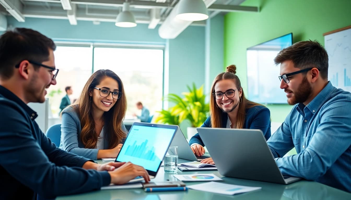 Showcase digital marketing agency services with a collaborative team in a modern office setting.
