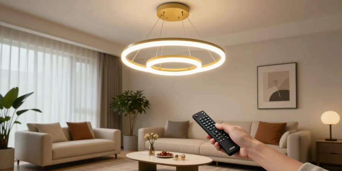 Lustra cu telecomanda strălucind în living modern, ajustată de o persoană.
