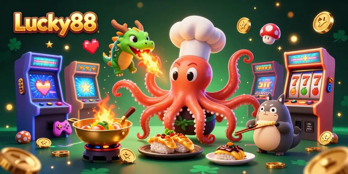 Lucky88 gaming scene with a cartoon sushi chef octopus, dragon, and tanuki amid slot machine excitement.