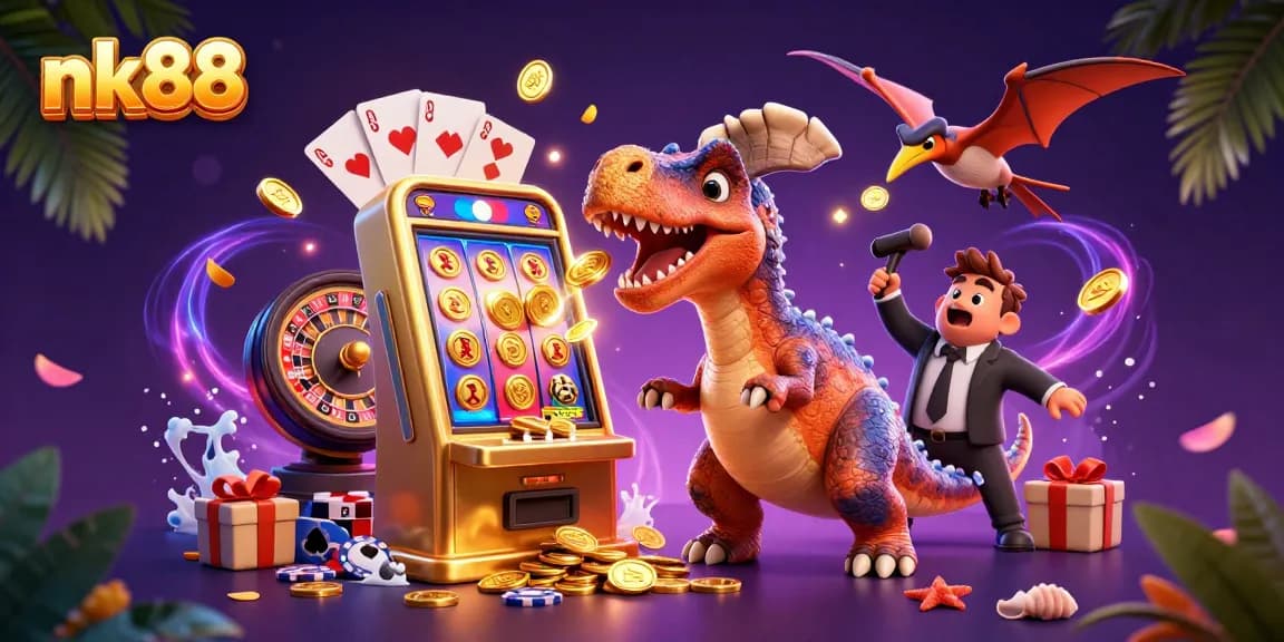 nk88 showcases exciting gameplay with a pachycephalosaurus winning jackpot coins from a slot machine.