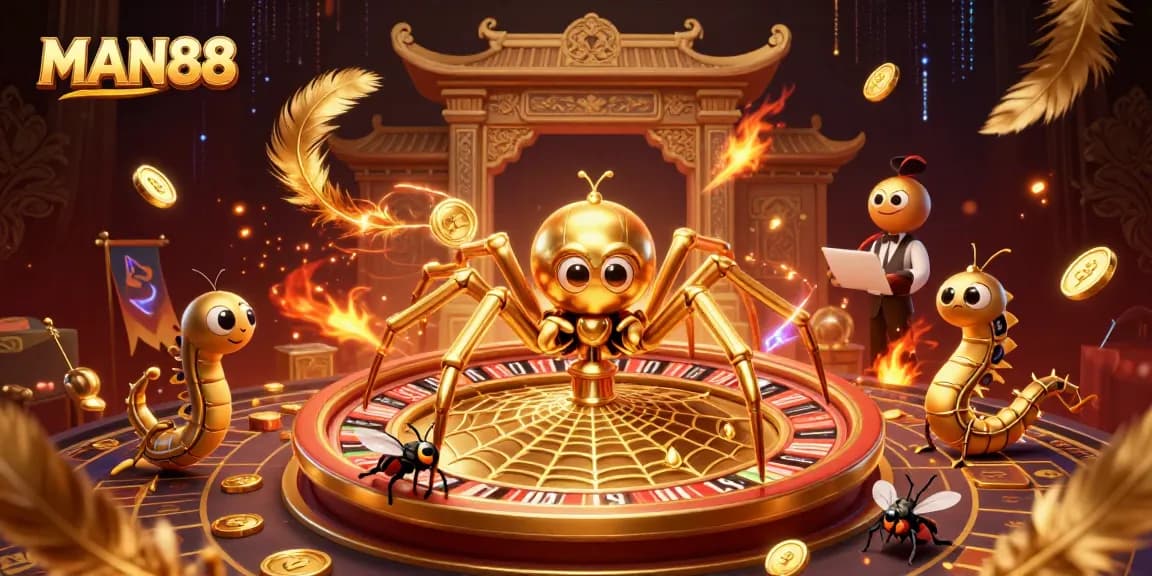 MAN88 features a golden spider and centipede croupier spinning a roulette web, showcasing gaming excitement.