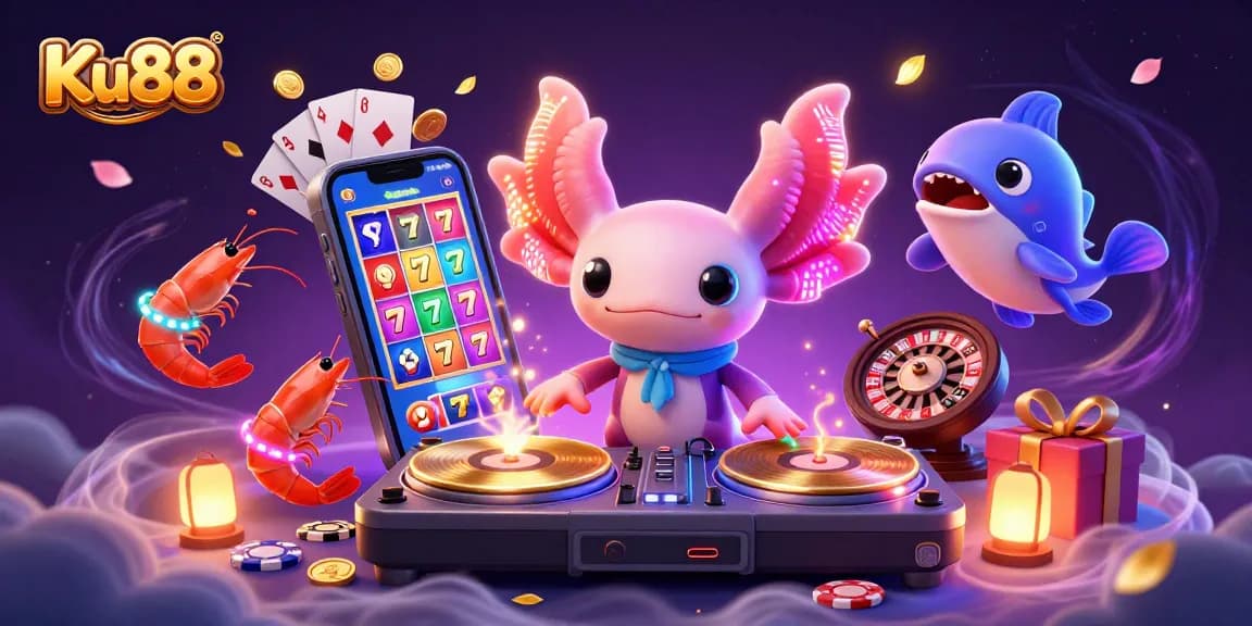 Ku88 showcases vibrant fun with a neon axolotl DJ and dancing sea creatures amidst lively casino games.