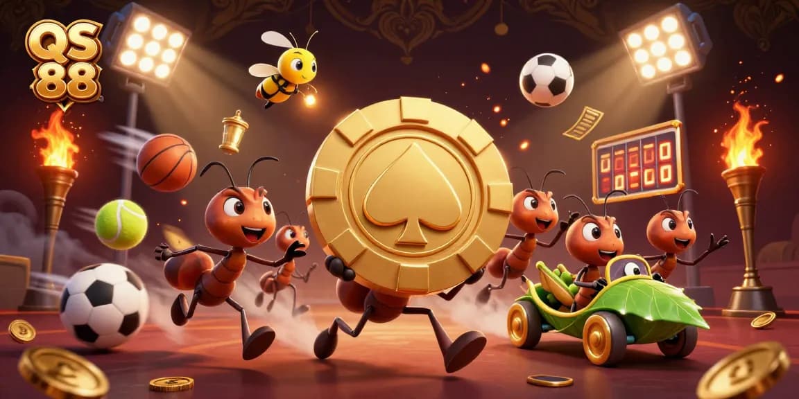 Engage with QS 88's casino adventure featuring ants on a heist and dynamic sports elements.