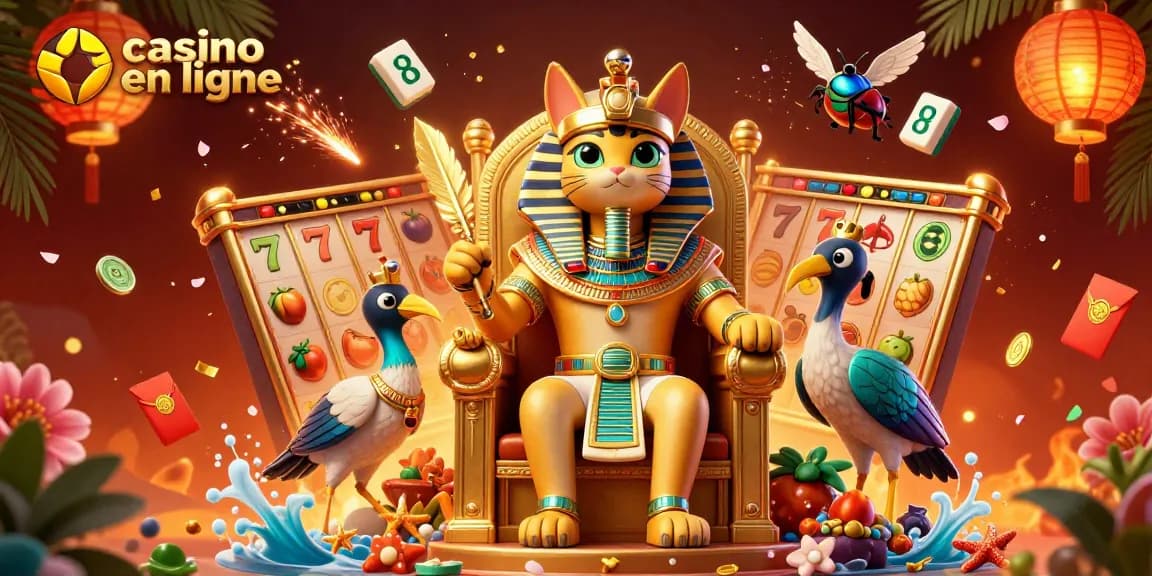 Illustration 3D captivante avec un chat pharaon et des éléments de casino en ligne.