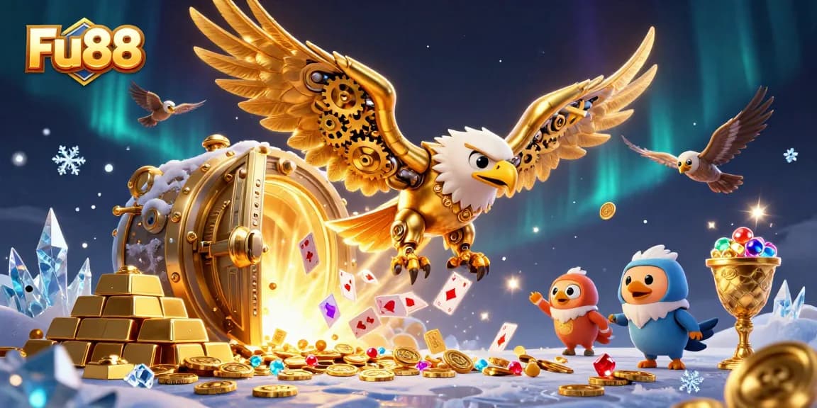 Experience thrilling action with Fu88's cybernetic eagle in a vibrant casino world!