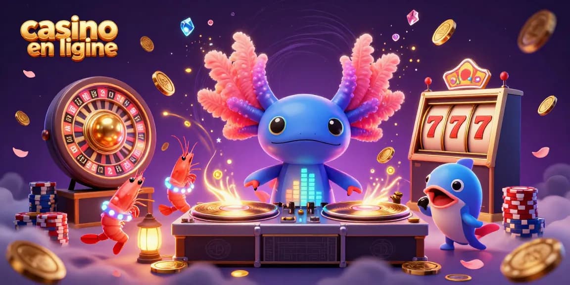 Illustration animée d'un axolotl DJ dans un casino en ligne, entouré de leurs amis et des éléments ludiques.