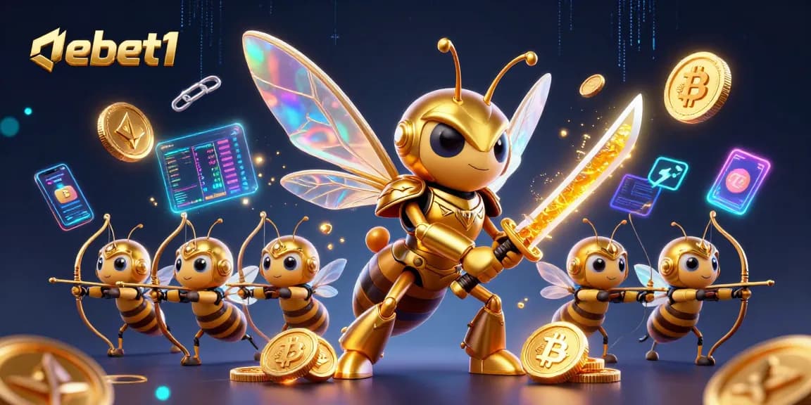Engage with debet1 in vibrant 3D casino action featuring a golden hornet samurai and crypto elements.