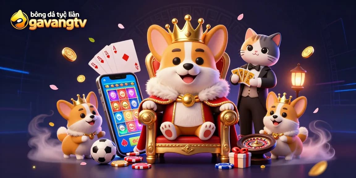 bóng đá trực tuyến gavangtv showcases vibrant 3D casino art capturing a royal corgi on poker chips with dynamic betting elements.