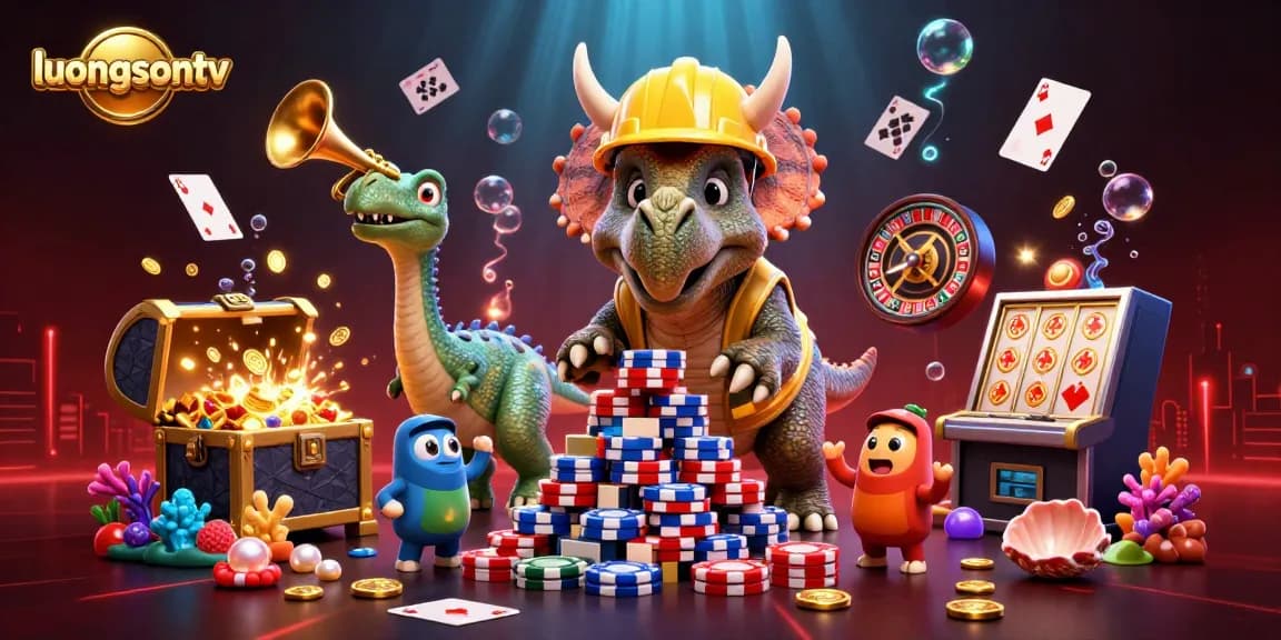 luongsontv showcases a vibrant 3D scene of cartoon dinosaurs celebrating with poker elements and underwater treasures.
