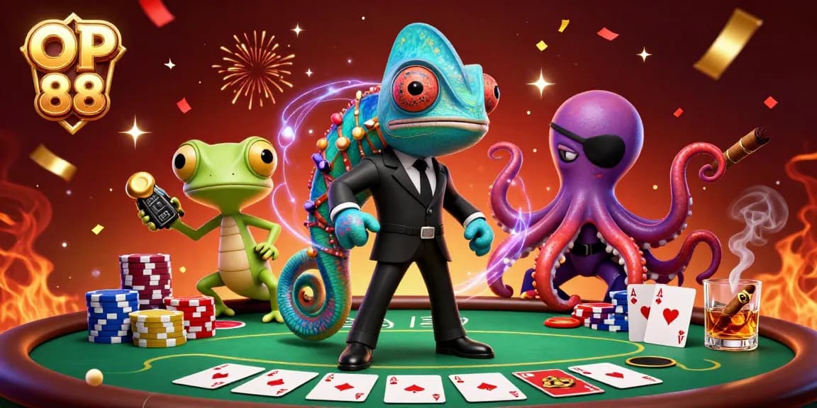 OP 88 features a vibrant 3D scene with a secret agent chameleon and gecko at a poker game.