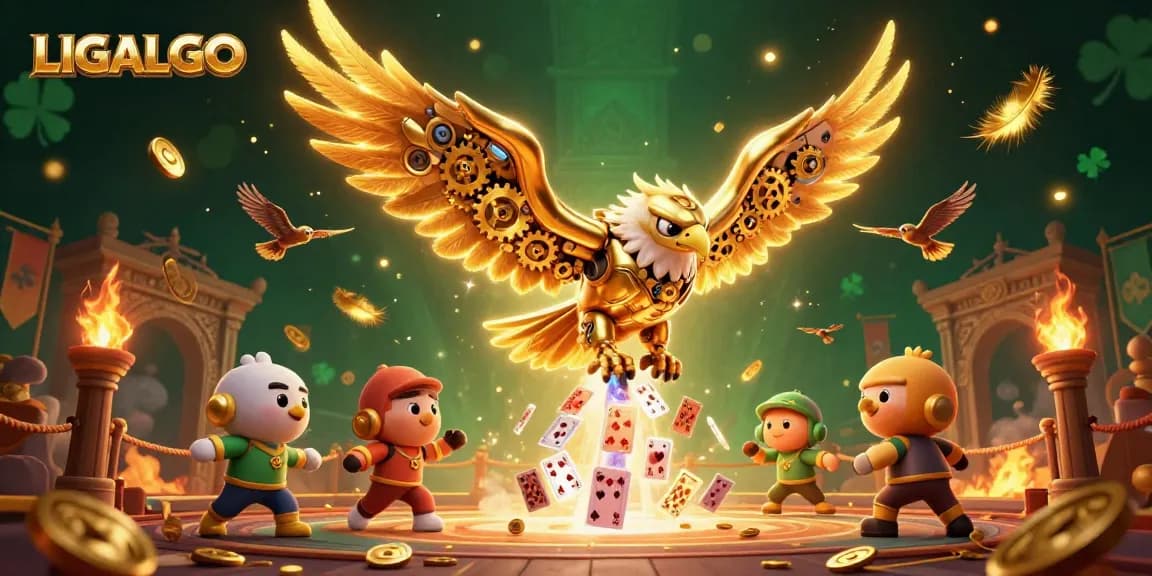 LIGALGO showcases vibrant 3D action with a golden eagle amidst holographic cards and betting tokens.