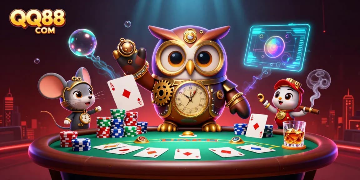 Engage with QQ88 COM's vibrant casino scene featuring a steampunk owl and poker action.