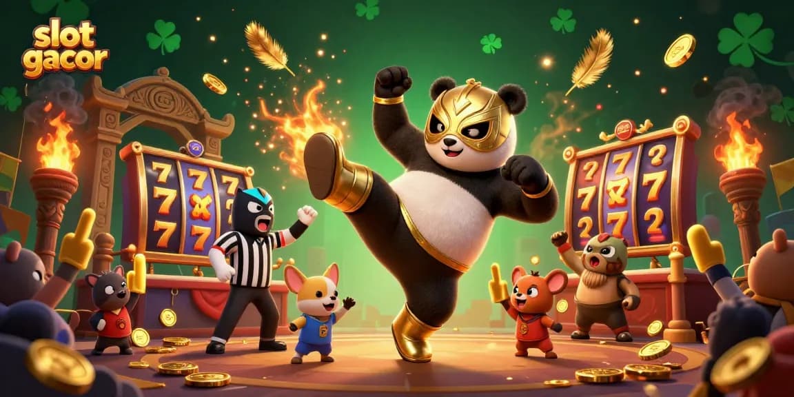 Putaran slot gacor menampilkan panda pegulat terbang dengan para penonton hewan kecil yang gembira.