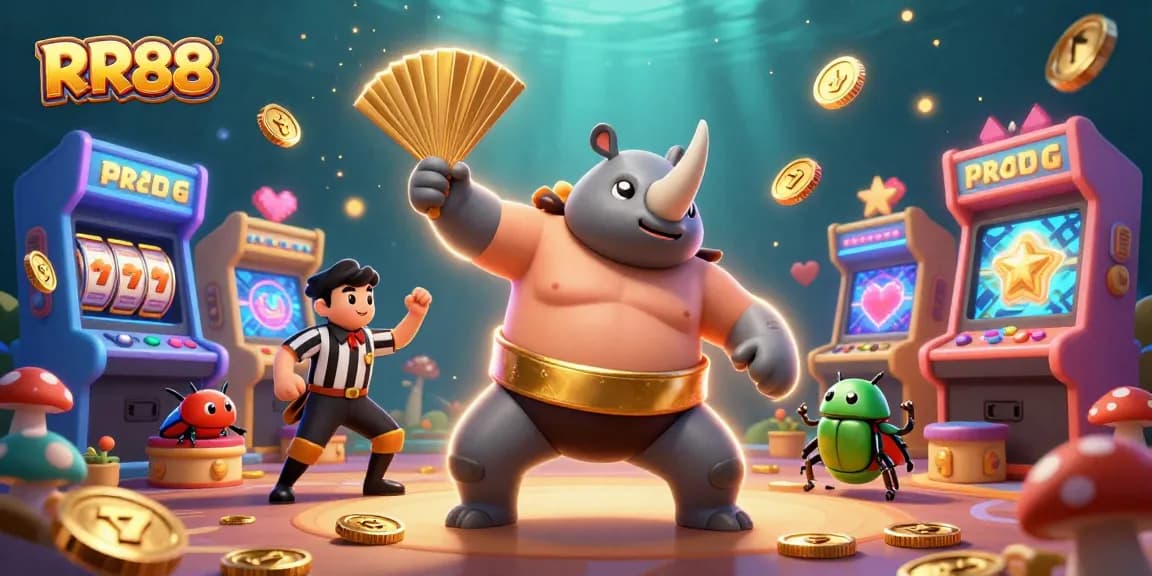 Experience the thrill at RR88 with a vibrant casino scene featuring dynamic characters and gold.