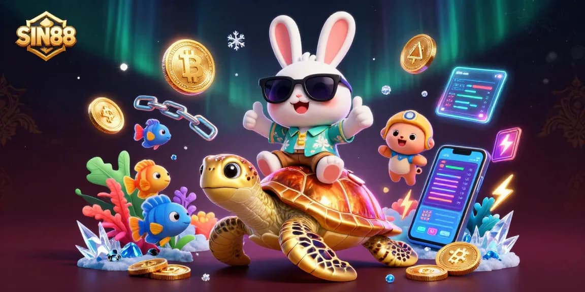 SIN88 showcases an adorable bunny and sea turtle amidst vibrant crypto elements and ocean life.