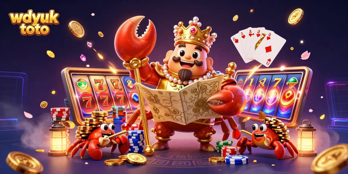 Experience wdyuk toto's thrilling slot games with a vibrant 3D illustration showcasing the crab emperor and casino elements.