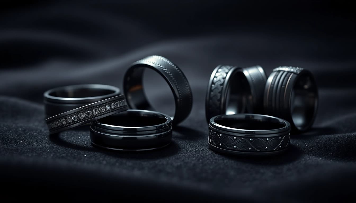 Admire various dark mens wedding bands showcasing elegance and style against a dark velvet background.