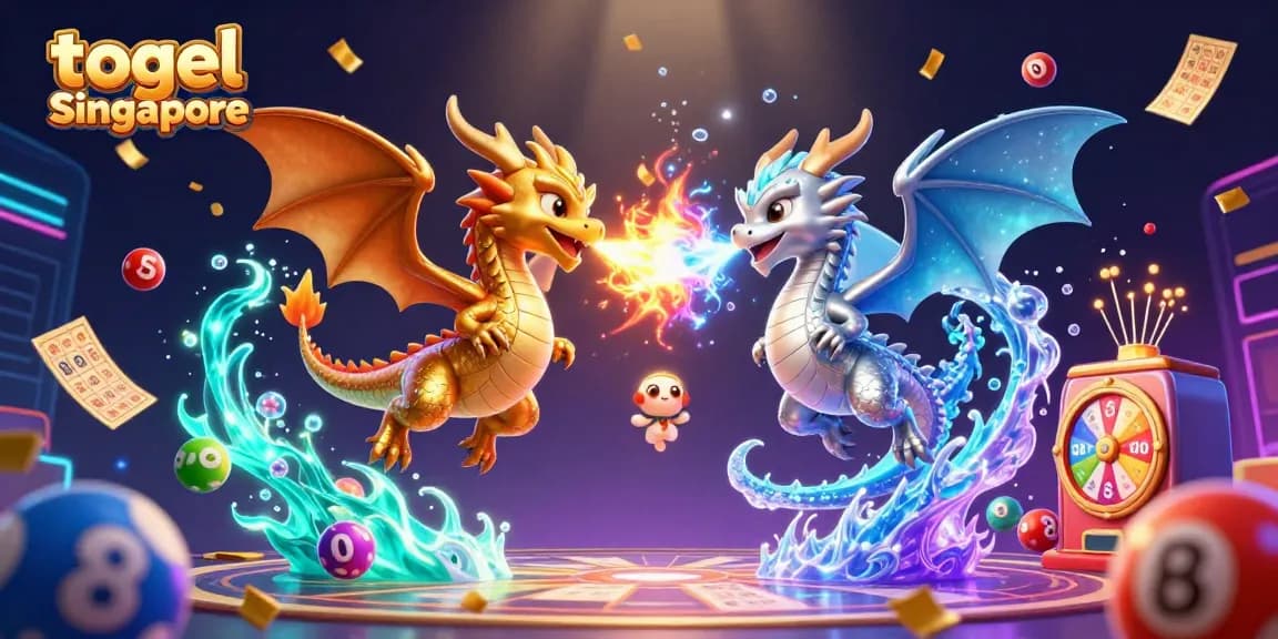 Engage with togel Singapore through an intricate 3D illustration showcasing vibrant lottery elements and dynamic dragon characters.