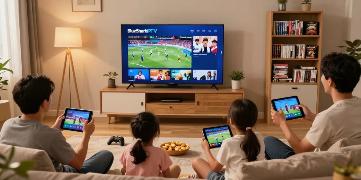 Family enjoying sports and movies with BlueSharkIPTV in a cozy living room.