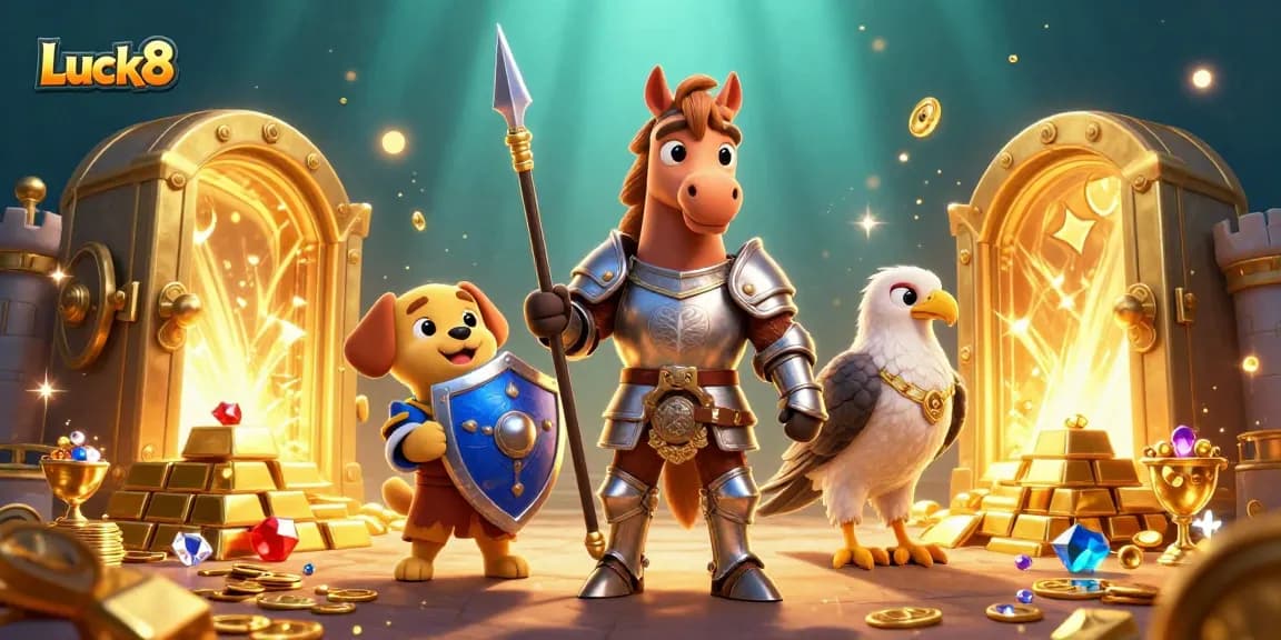 Experience thrilling wins at Luck8 casino with a dynamic knight, puppy, and falcon amidst gold and jewels.