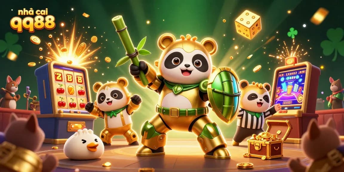 Engage in the excitement of nhà cái qq88 with a lively 3D illustration featuring playful casino elements and characters.