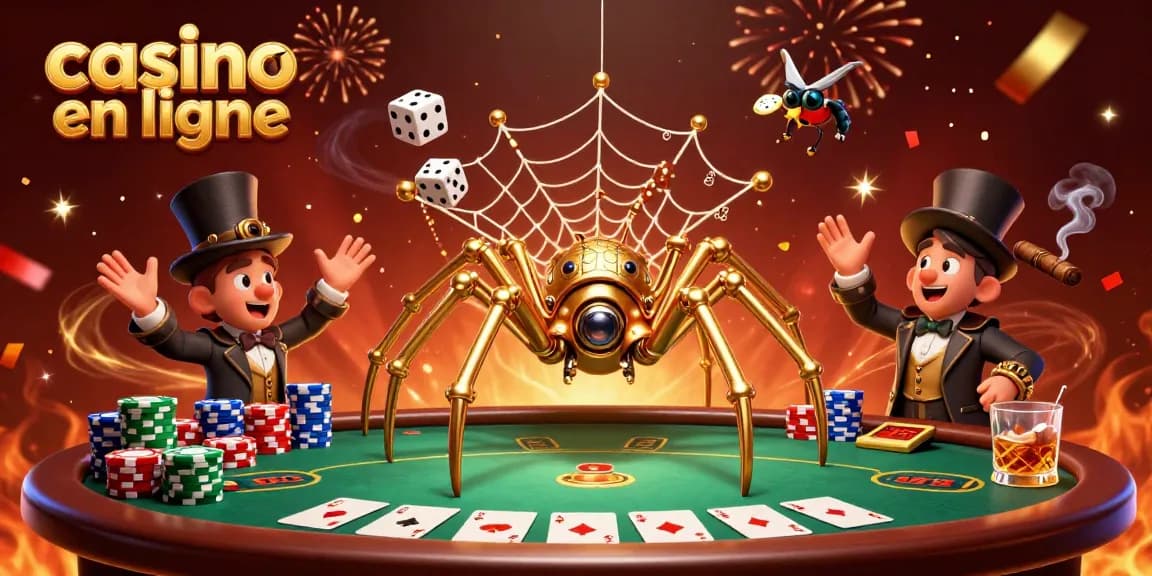 Capture amusante de casino en ligne avec une araignée dorée et des éléments de poker.