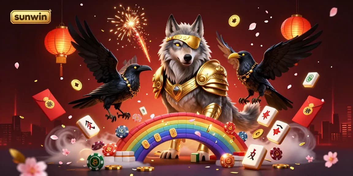 Experience the thrill of sunwin with Odin and ravens, surrounded by vibrant casino elements.