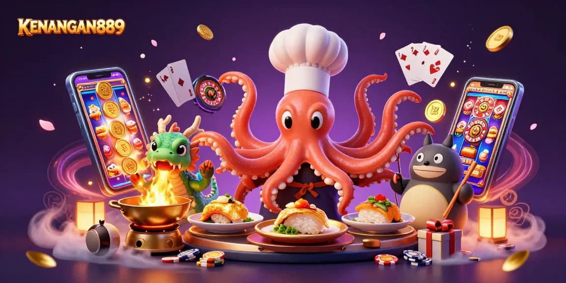 Experience thrilling gaming action with KENANGAN889, featuring a playful octopus and dragon in a vibrant casino setting.