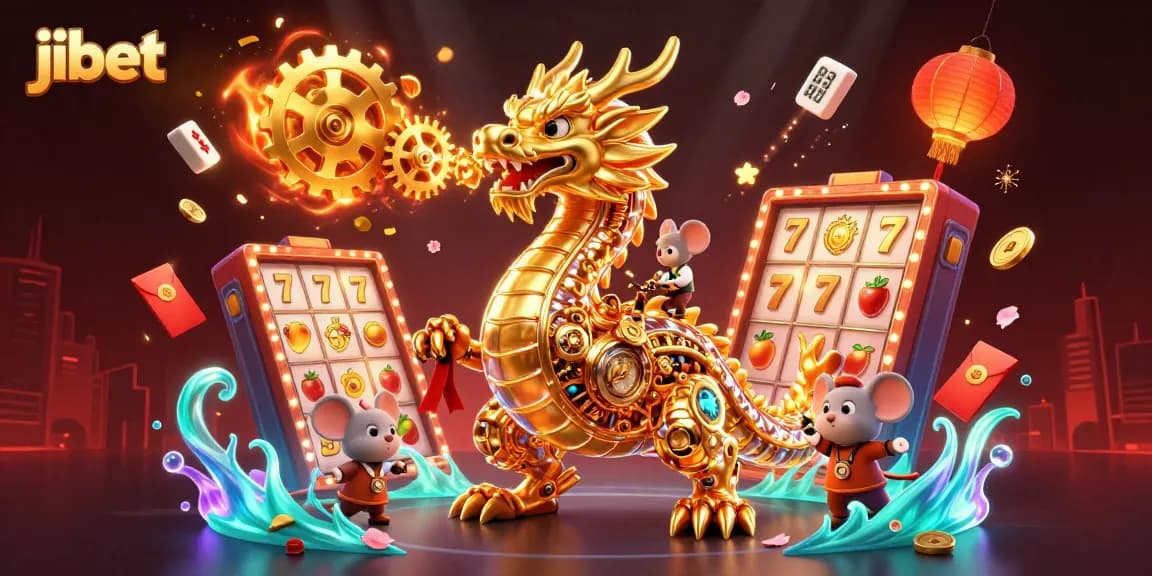 Play exciting reels at Jibet with a golden dragon and vibrant casino elements surrounding the action.