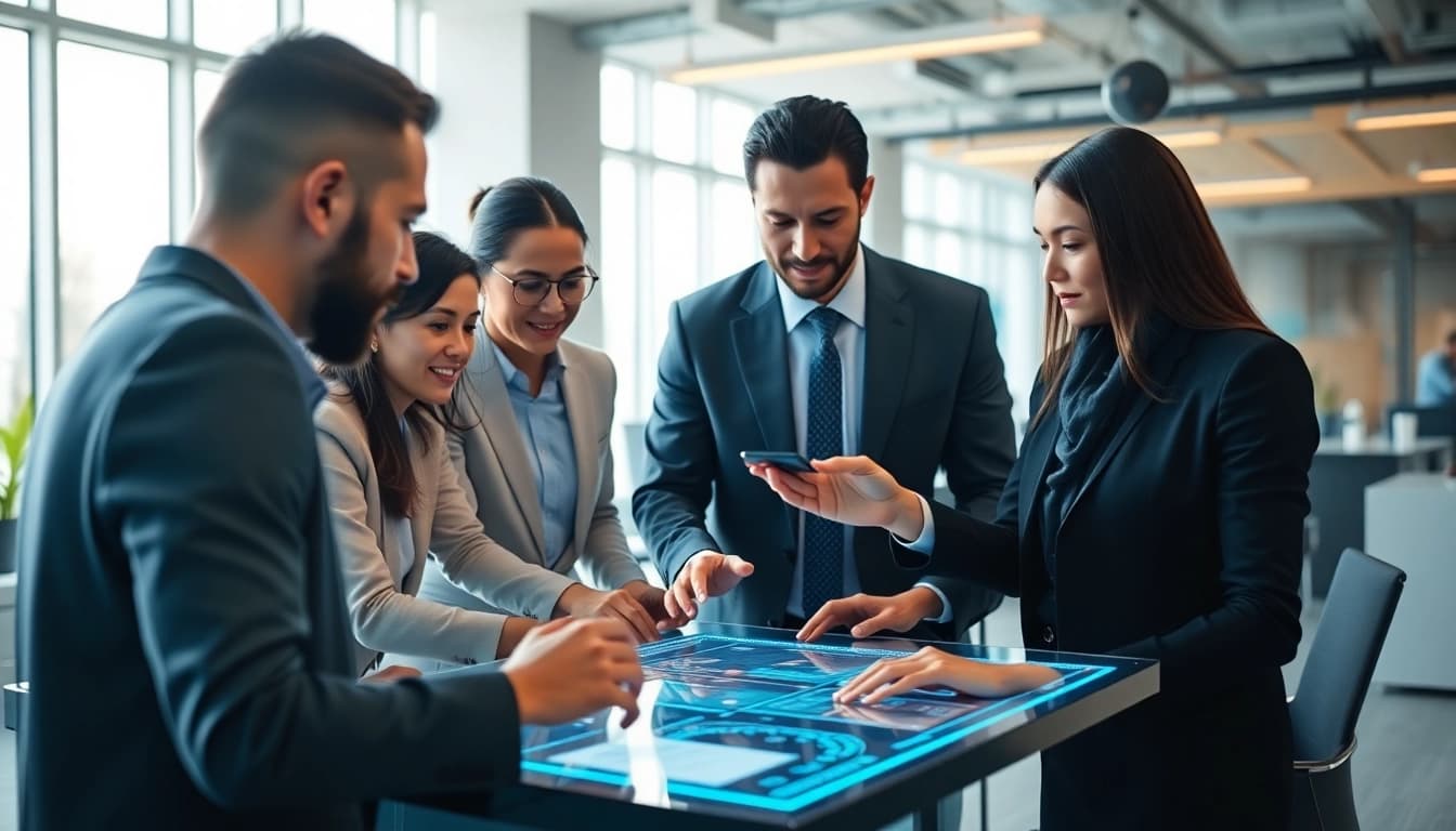 AI assistant for busy professionals helping a team collaborate in a modern office environment.