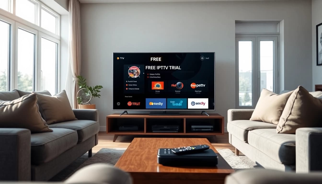 Experience the FREE IPTV Trial on a sleek home entertainment setup with a cozy atmosphere.