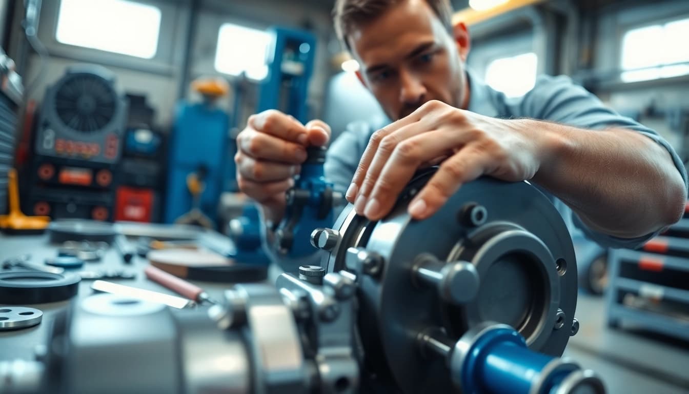 Expert performing hydraulic pump services in an industrial workshop.