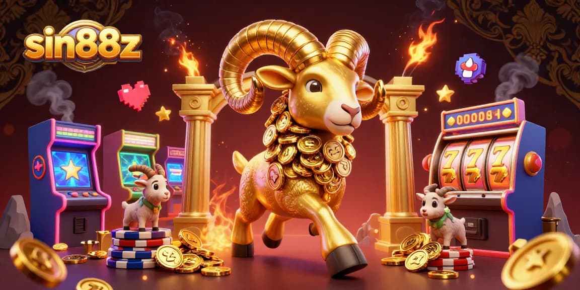 Witness the dynamic world of sin88z with its golden ram charging, enveloped in vibrant casino gameplay elements.