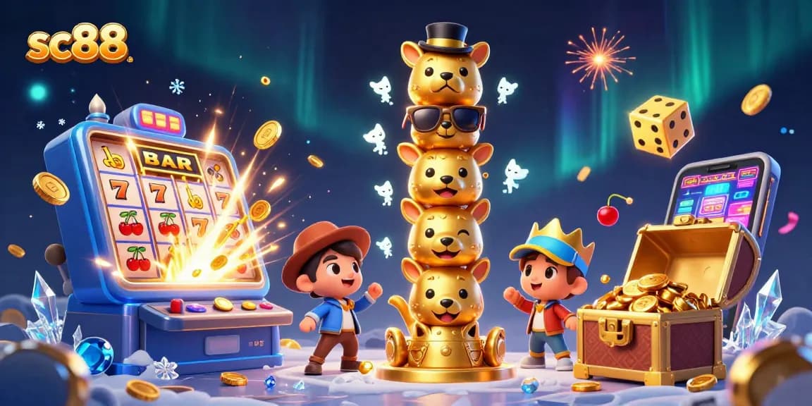 Spin the reels at sc88, featuring vibrant golden totem poles and jackpot action in a lively casino scene.