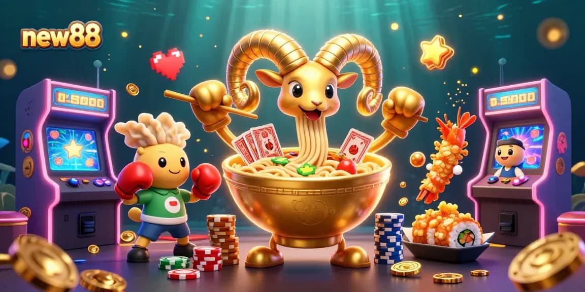 Engage with new88 casino gaming in a vibrant 3D scene of cards, chips, and cheerful characters.