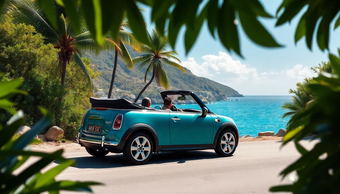 Experience a convertible car rental st barts on a stunning coastal road with vibrant tropical scenery.
