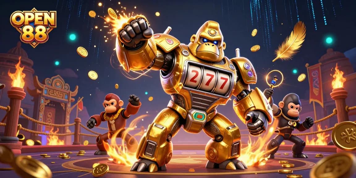 Experience the excitement of OPEN 88 with a dynamic casino mech illustration featuring slot machines and vivid effects.