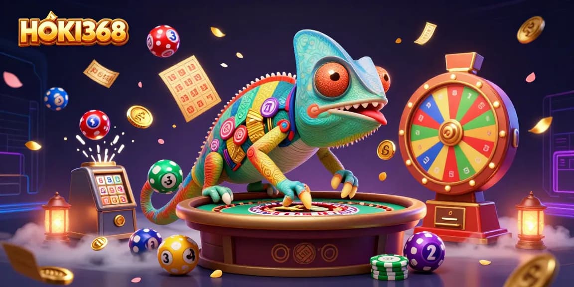 Experience the vibrant casino scene with HOKI368, featuring a chameleon owner surrounded by dynamic lottery elements.