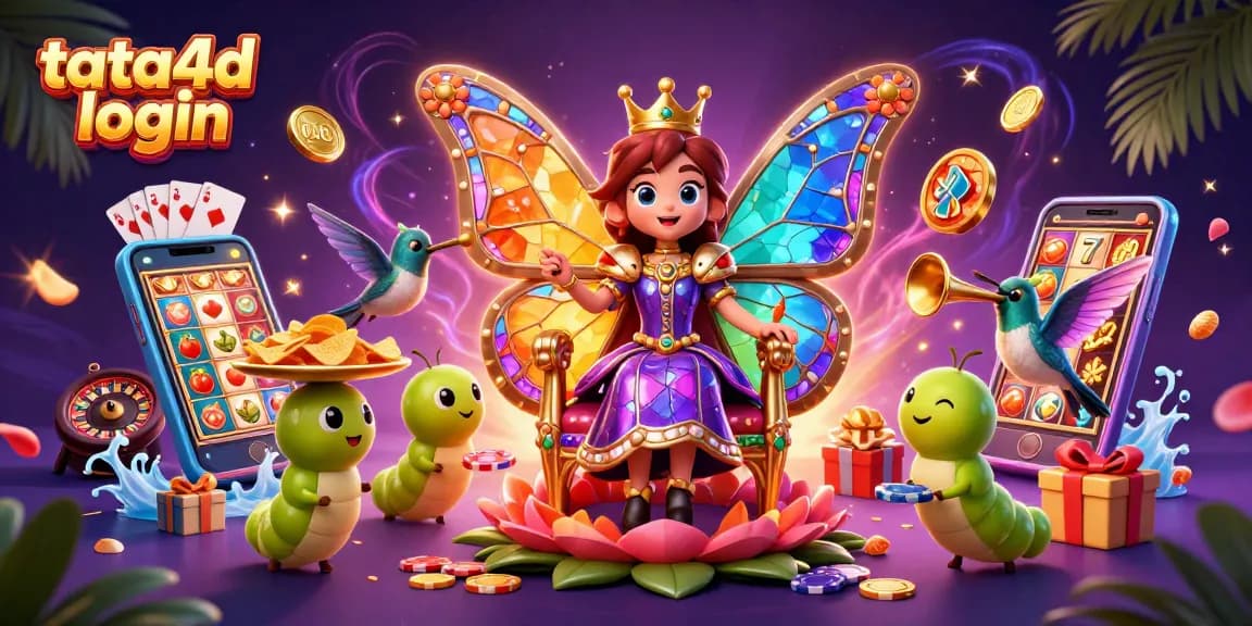 The vibrant environment showcasing the characters with "tata4d login" features colorful slot games and engaging casino elements.