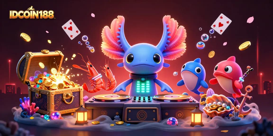 Experience thrilling gaming at IDCOIN188 with a vibrant underwater casino scene featuring neon characters.