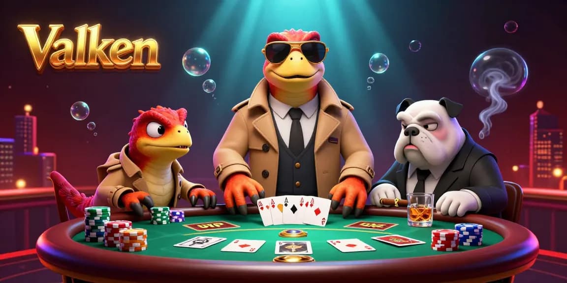 Valken raptors in a trench coat entering a casino, showcasing poker elements and vibrant details.