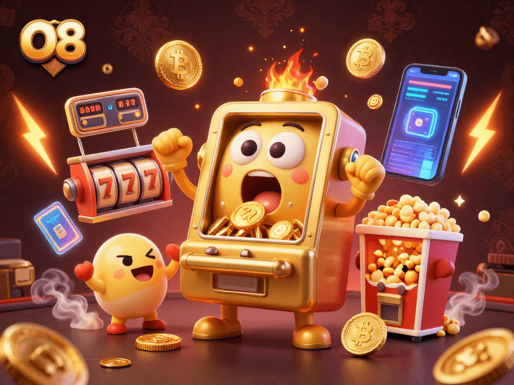 Experience thrilling jackpots and excitement at O8 with vibrant slot machine characters and crypto coins.