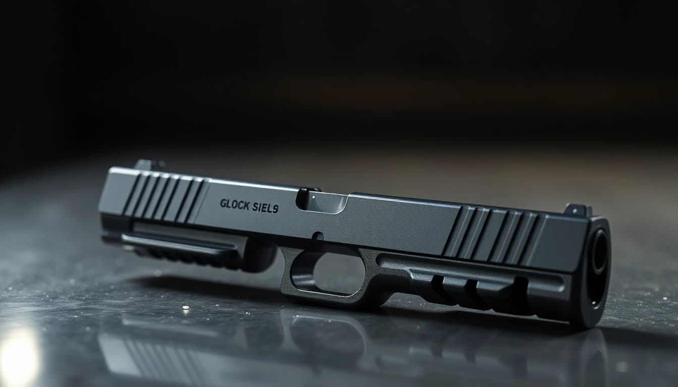 Detailed OEM Glock 26 slide highlighting craftsmanship with dramatic lighting.