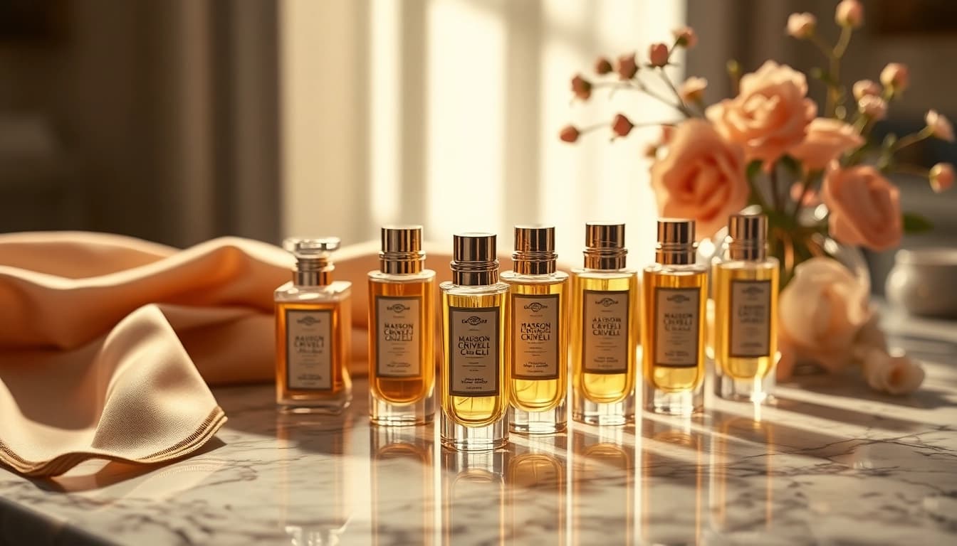 Experience the exquisite Maison Crivelli discovery set with elegantly arranged perfume vials showcasing luxurious fragrances.