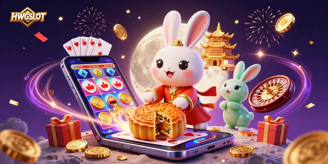 Engage in thrilling gameplay with HWGSLOT featuring a moon rabbit and casino elements.