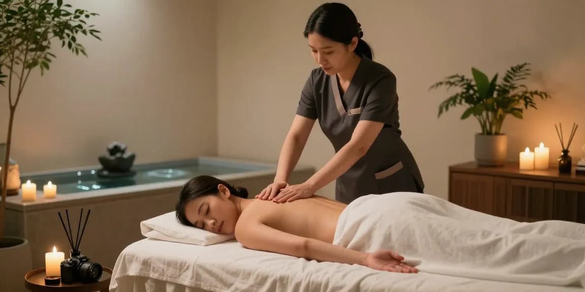 스웨디시 마사지가 이루어지는 평화로운 스파 환경, 아로마 향과 초로 아늑한 분위기.
