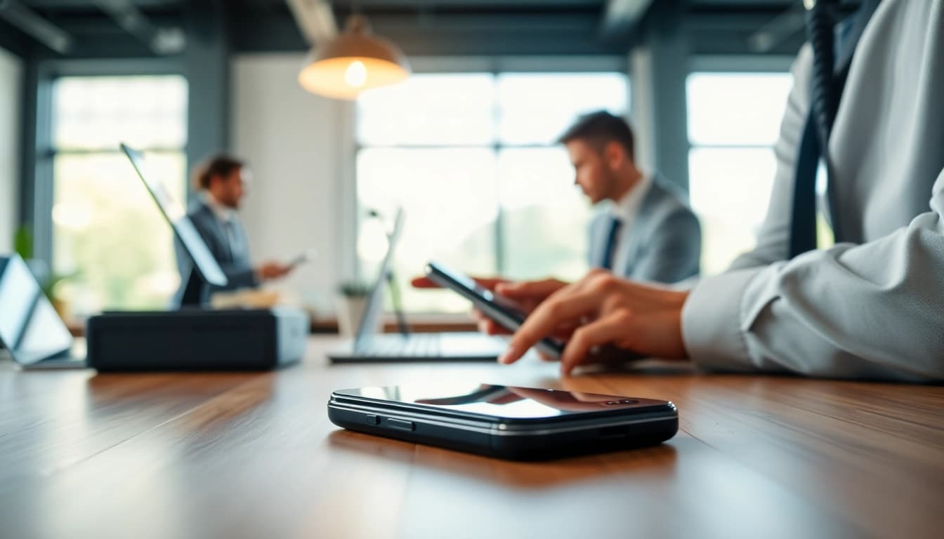 Sell your phone instant cash transaction with a smartphone and cash on a sleek desk.