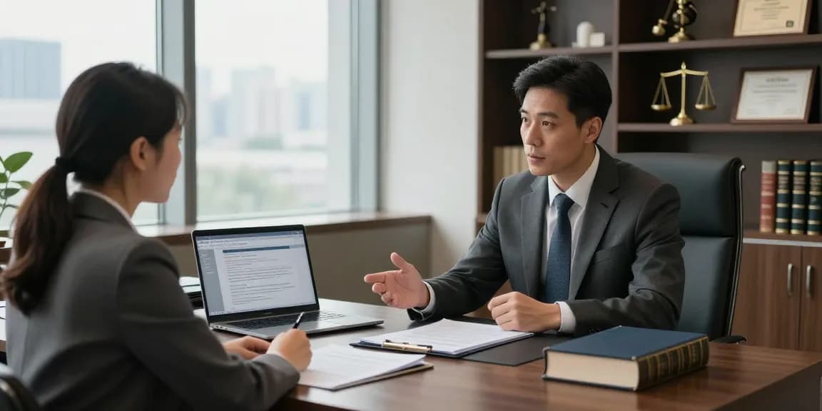 Active lawyer consulting with client in a professional law office, showcasing commitment to justice.