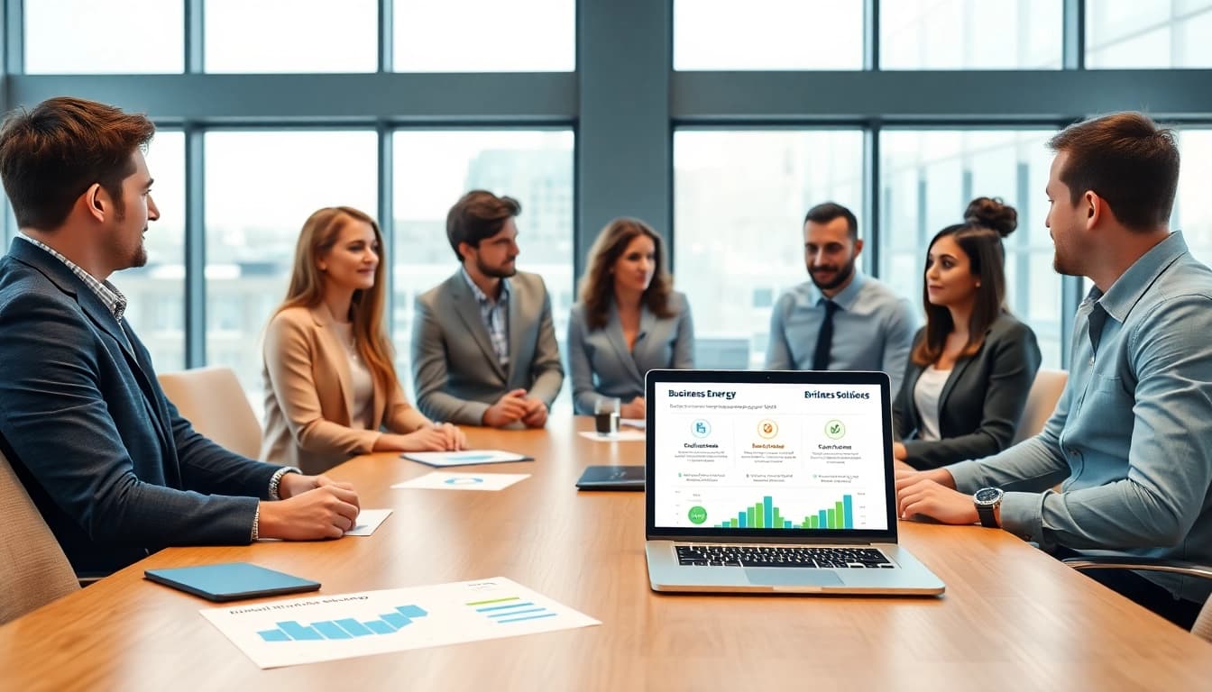 Discussing business energy options, focusing on British Gas business energy in a modern office setting.